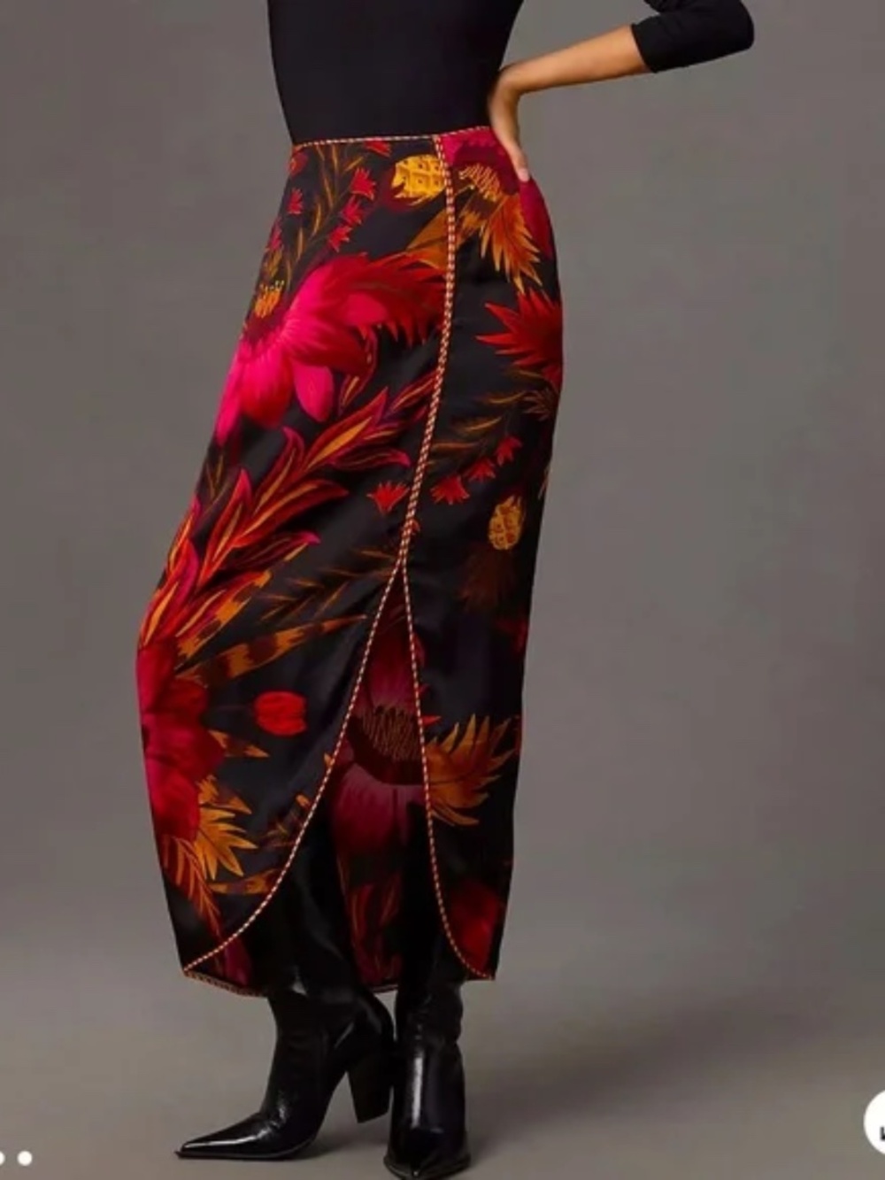 FARM Rio Black Midi Skirt with Pink & Orange Floral Print